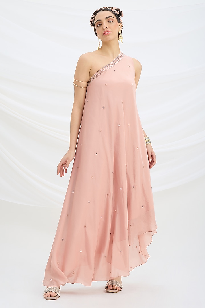 Peach Pink Viscose Crepe Sequin Embroidered One-Shoulder Draped Vacation Dress by Mirroir at Pernia's Pop Up Shop