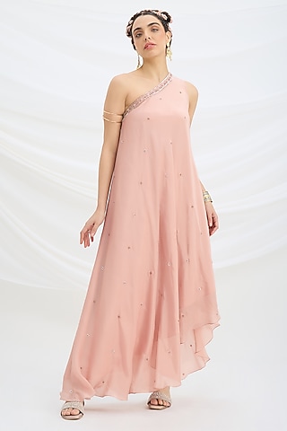 Peach Pink Viscose Crepe Sequin Embroidered One-Shoulder Draped Dress by Mirroir