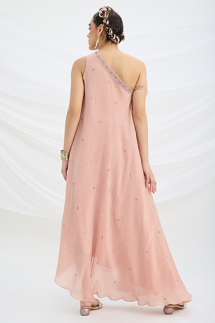Peach Pink Viscose Crepe Sequin Embroidered One-Shoulder Draped Vacation Dress by Mirroir at Pernia's Pop Up Shop