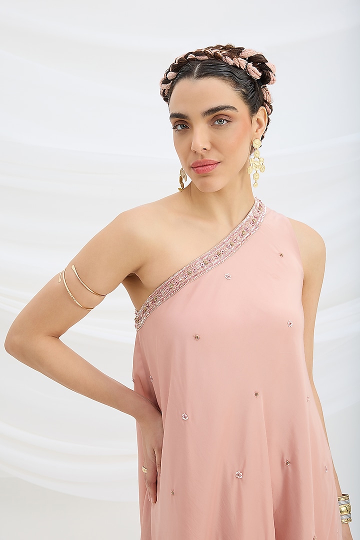 Peach Pink Viscose Crepe Sequin Embroidered One-Shoulder Draped Vacation Dress by Mirroir at Pernia's Pop Up Shop