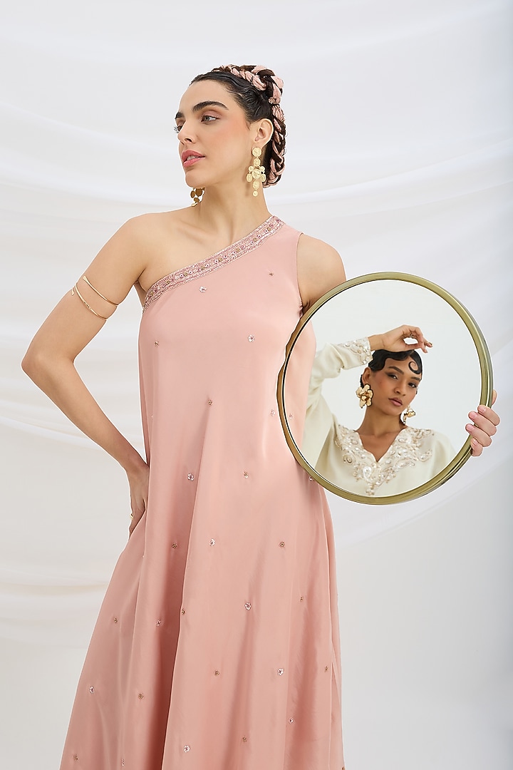 Peach Pink Viscose Crepe Sequin Embroidered One-Shoulder Draped Vacation Dress by Mirroir at Pernia's Pop Up Shop