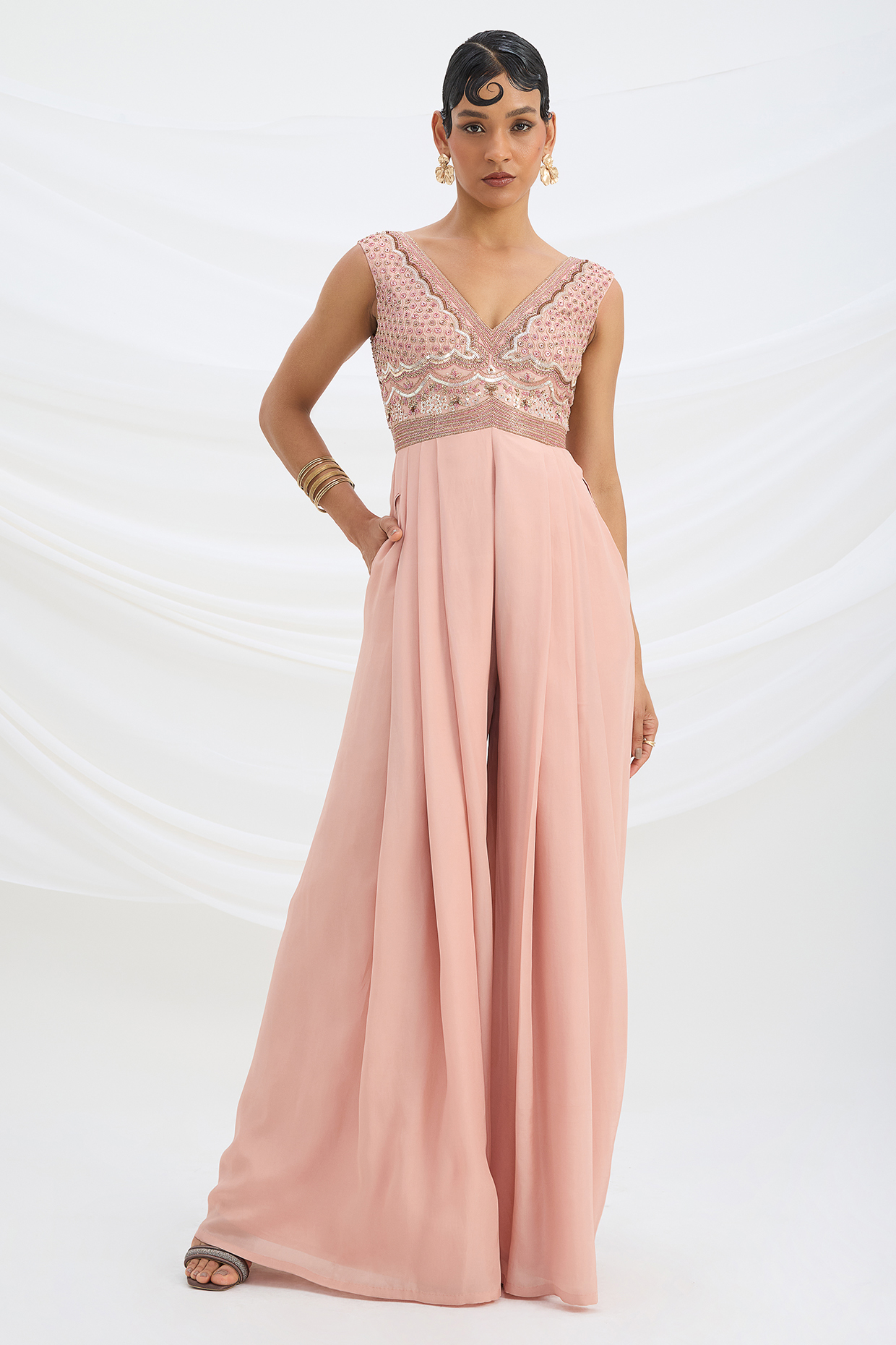 Peach Pink Viscose Crepe Sequin Embroidered Jumpsuit by Mirroir at Pernia's Pop Up Shop