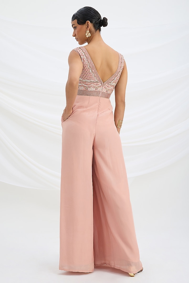 Peach Pink Viscose Crepe Sequin Embroidered Jumpsuit by Mirroir at Pernia's Pop Up Shop