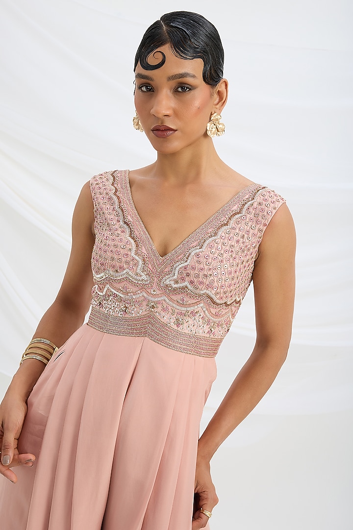 Peach Pink Viscose Crepe Sequin Embroidered Jumpsuit by Mirroir at Pernia's Pop Up Shop