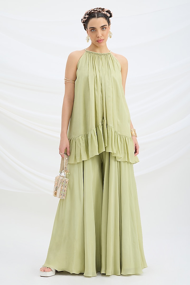 Pista Green Viscose Crepe Party Wear Sharara Set by Mirroir at Pernia's Pop Up Shop