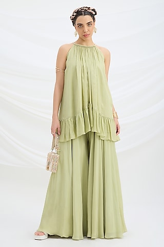 Pista Green Viscose Crepe Sharara Set by Mirroir