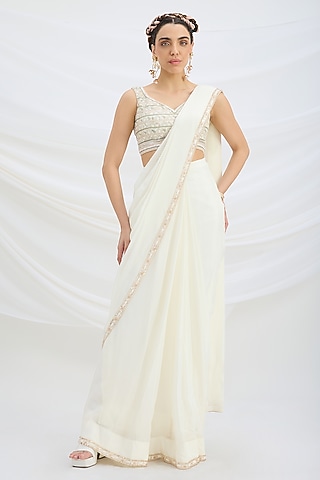 Off-White Viscose Dupion Sequin Embroidered Draped Saree Set by Mirroir