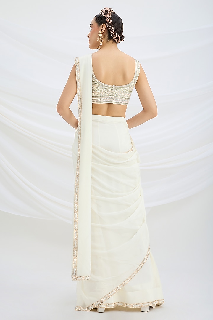 Off-White Viscose Dupion Sequin Embroidered Draped Wedding Saree Set by Mirroir at Pernia's Pop Up Shop