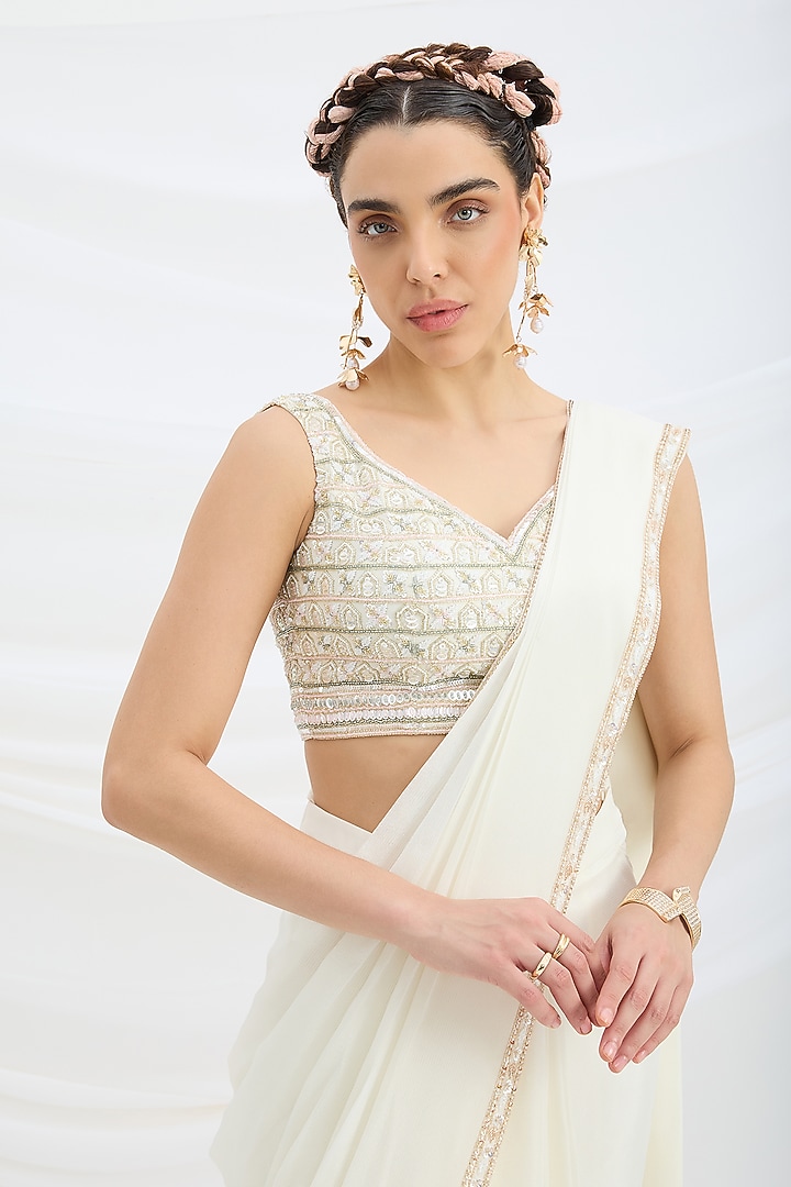 Off-White Viscose Dupion Sequin Embroidered Draped Wedding Saree Set by Mirroir at Pernia's Pop Up Shop