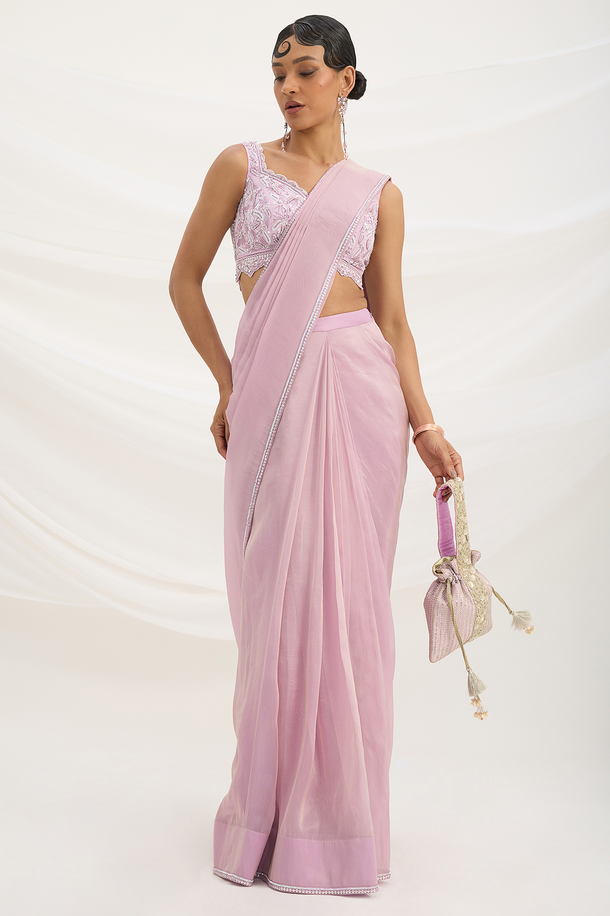 Lilac Viscose Tissue Sequin Embroidered Draped Wedding Saree Set by Mirroir at Pernia's Pop Up Shop