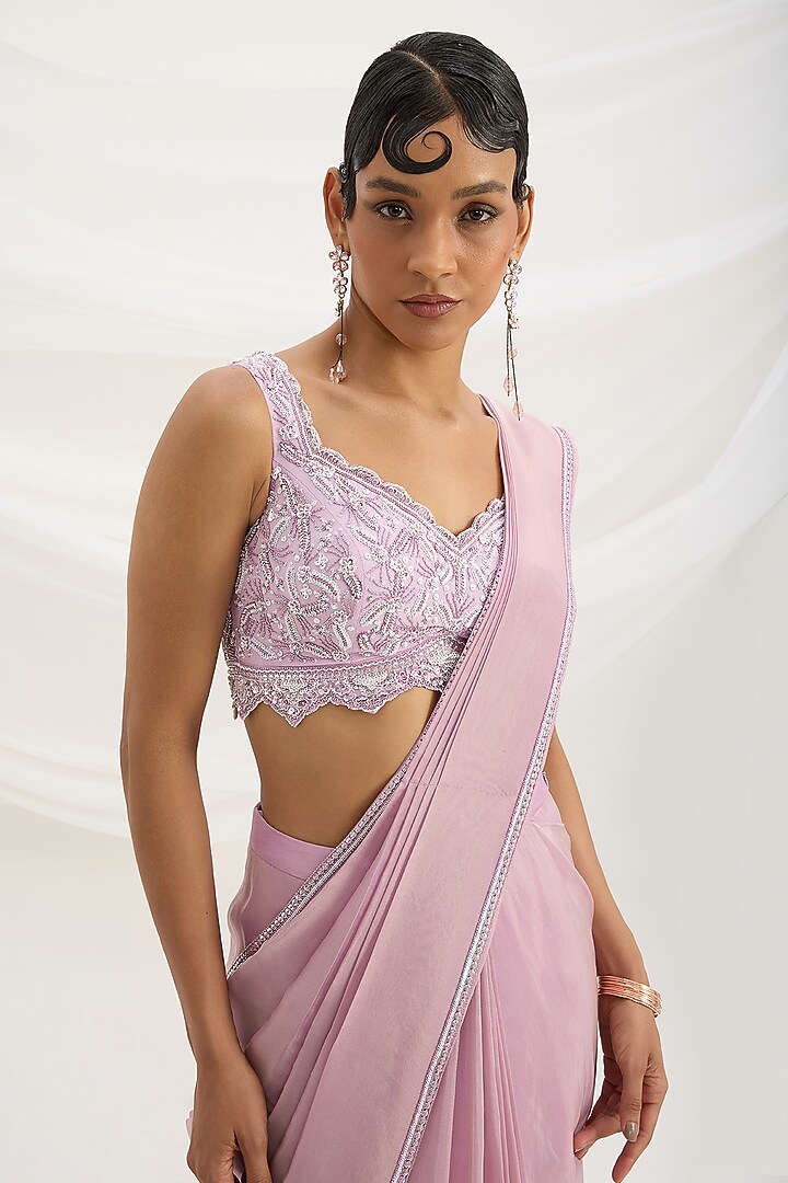 Lilac Viscose Tissue Sequin Embroidered Draped Wedding Saree Set by Mirroir at Pernia's Pop Up Shop