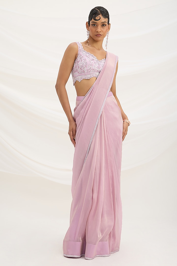 Lilac Viscose Tissue Sequin Embroidered Draped Wedding Saree Set by Mirroir at Pernia's Pop Up Shop