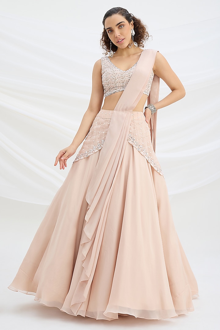 Light Pink American Crepe Sequin Embroidered Wedding Lehenga Set by Mirroir at Pernia's Pop Up Shop