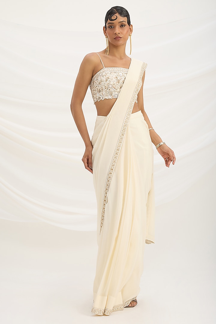 Beige Viscose Crepe Cutdana Embroidered Draped Skirt Wedding Saree Set by Mirroir at Pernia's Pop Up Shop