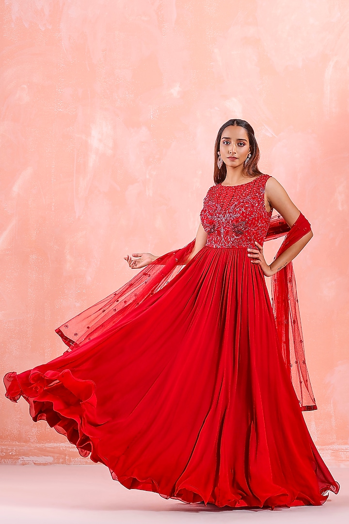 Dark Red Embroidered Engagement Gown by Mirroir at Pernia's Pop Up Shop