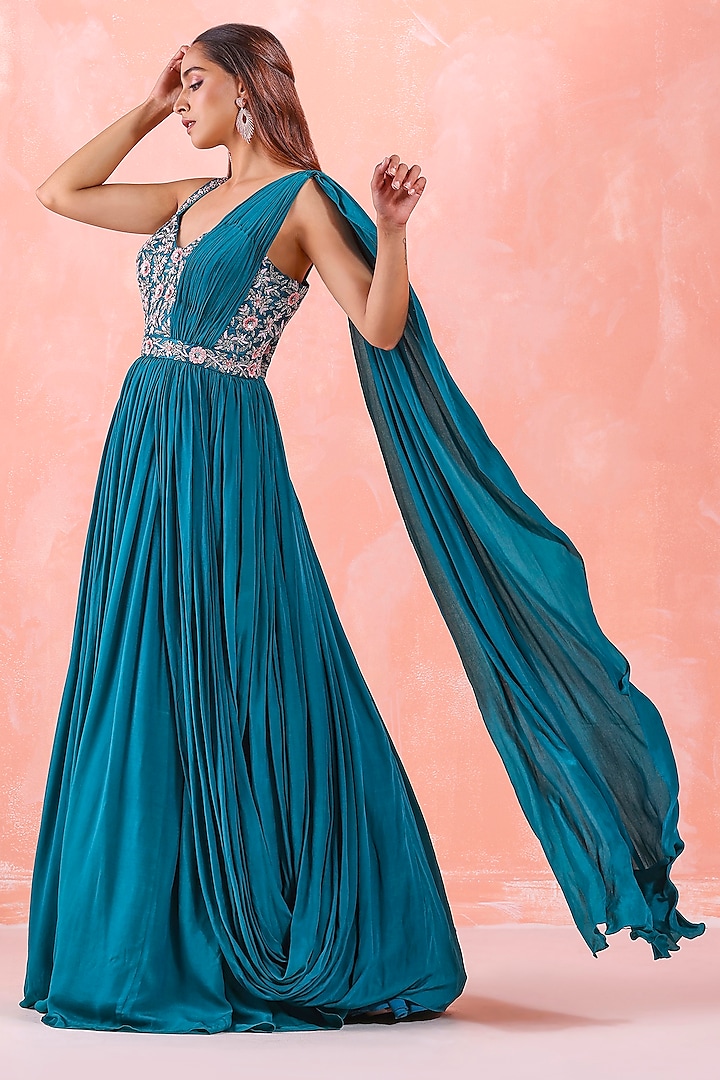 Teal Green Silk Organza & Net Embroidered Gown by Mirroir