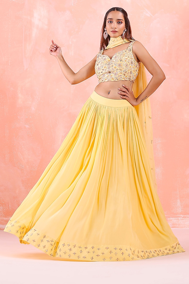 Yellow Silk Organza Embroidered Lehenga Set by Mirroir