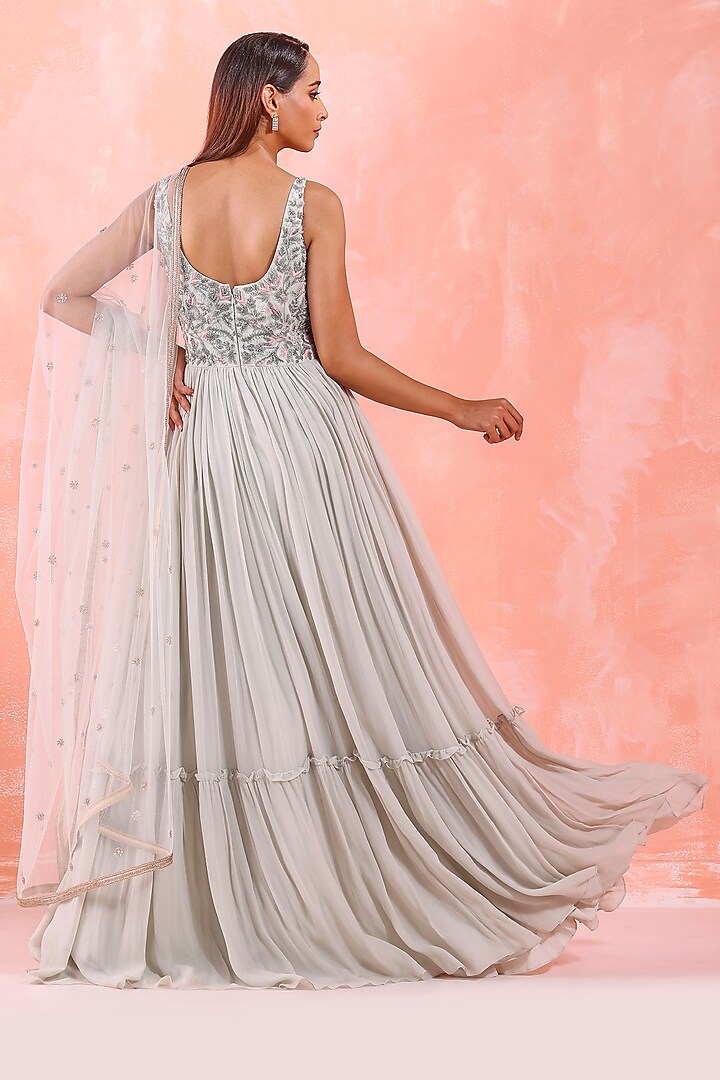 Silver Silk Organza Embroidered Engagement Gown by Mirroir at Pernia's Pop Up Shop