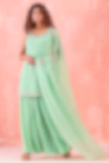 Pastel Green Embroidered Sharara Set by Mirroir