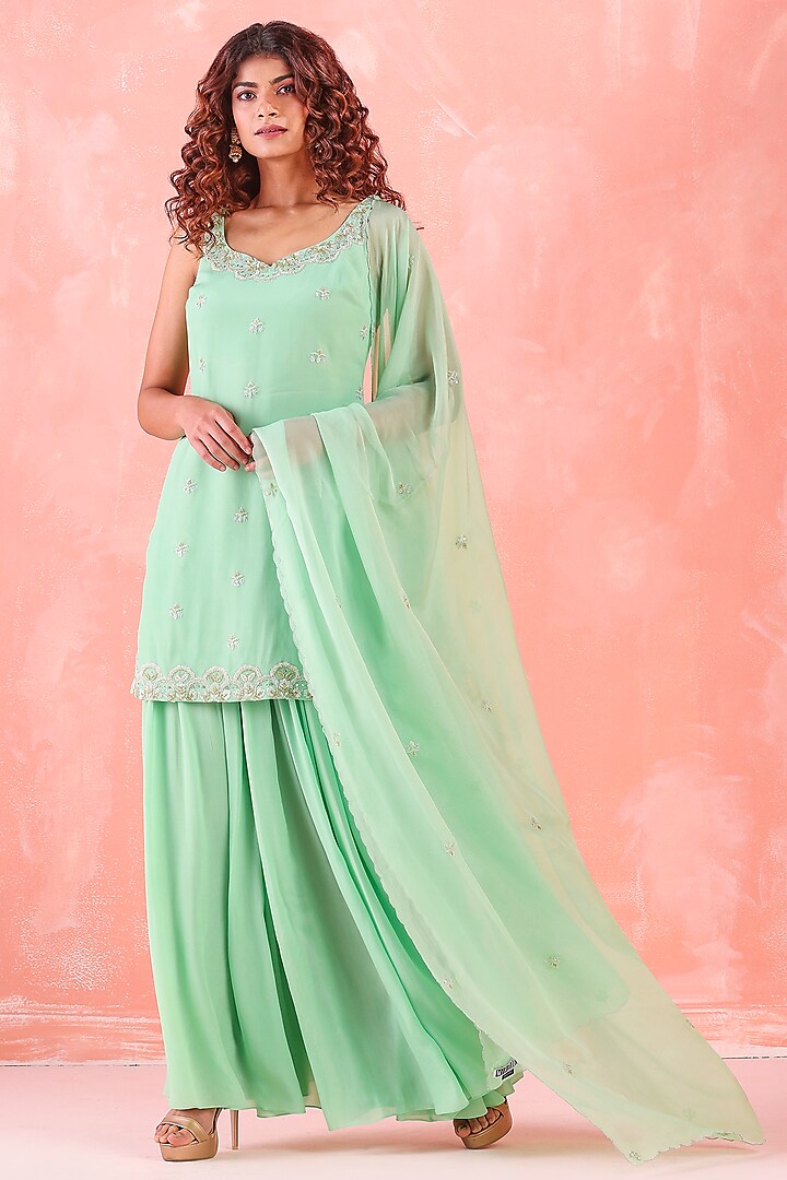 Pastel Green Embroidered Sharara Set by Mirroir
