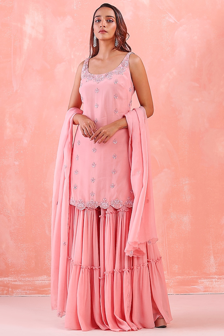 Pastel Pink Silk Embroidered Sharara Set by Mirroir