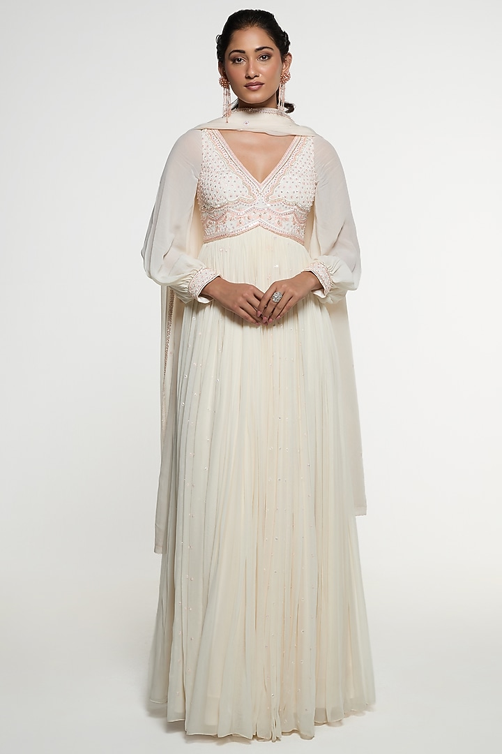 Ivory Viscose Georgette Engagement Gown With Dupatta by Mirroir at Pernia's Pop Up Shop