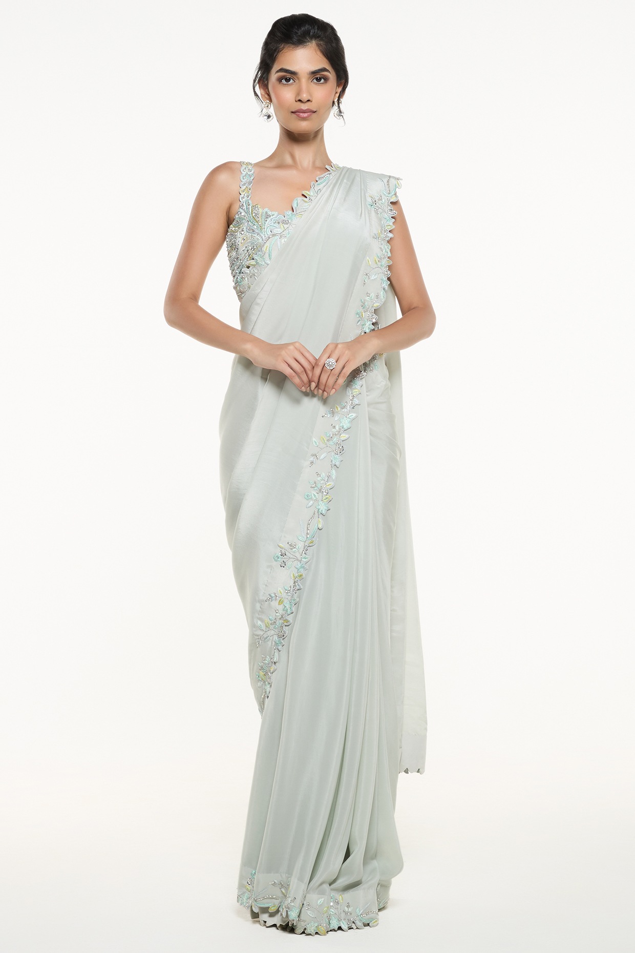 Mirroir Powder Blue Viscose Crepe Draped Saree Set