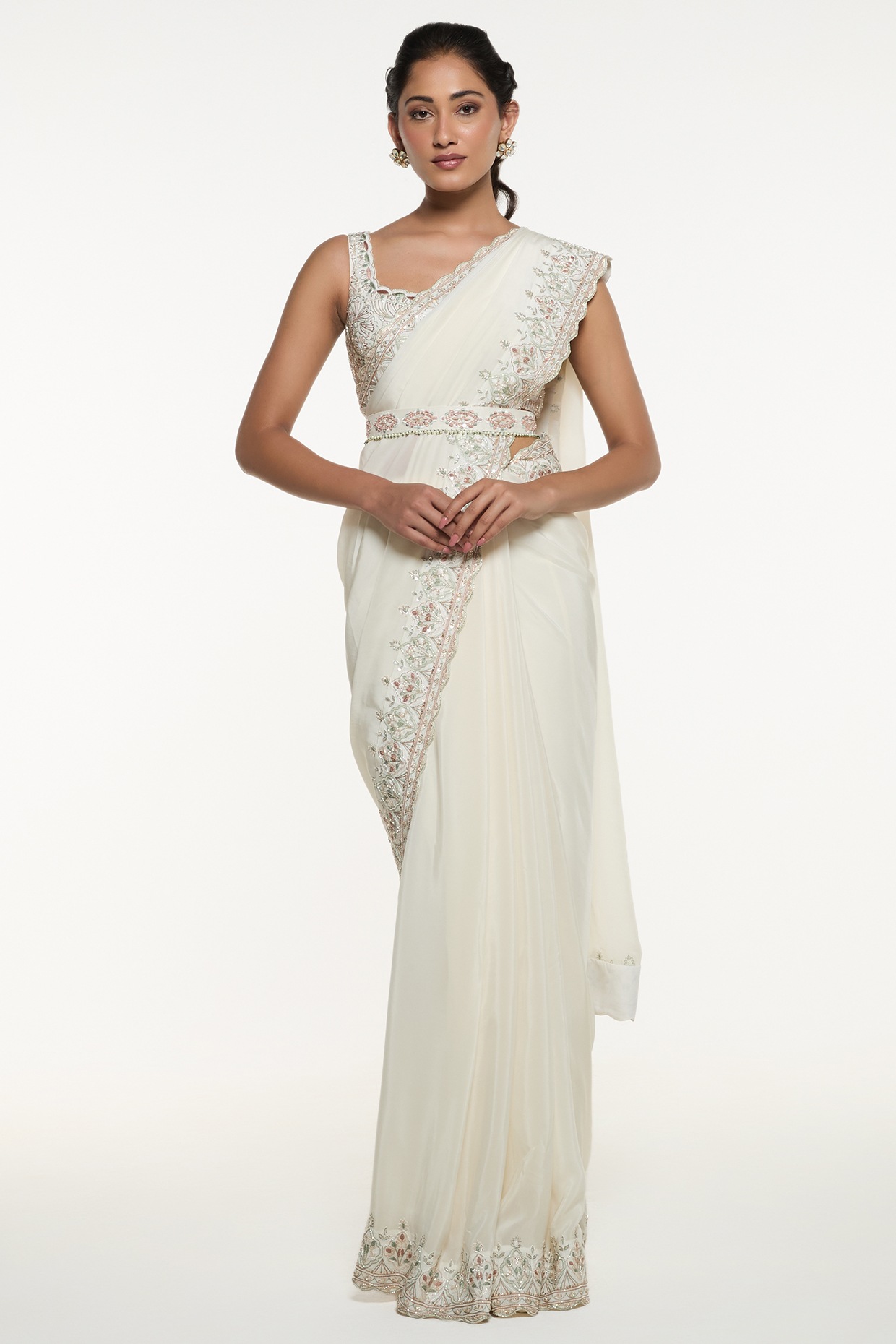 Mirroir Ivory Viscose Crepe Draped Saree Set