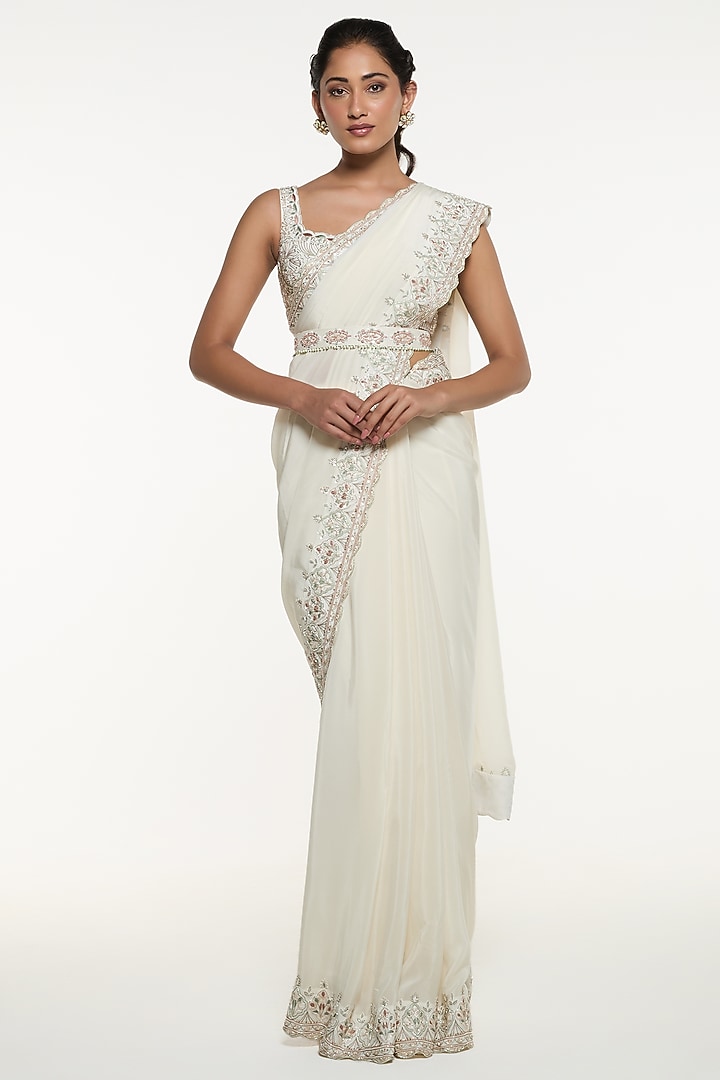 Ivory Viscose Crepe Draped Wedding Saree Set by Mirroir at Pernia's Pop Up Shop