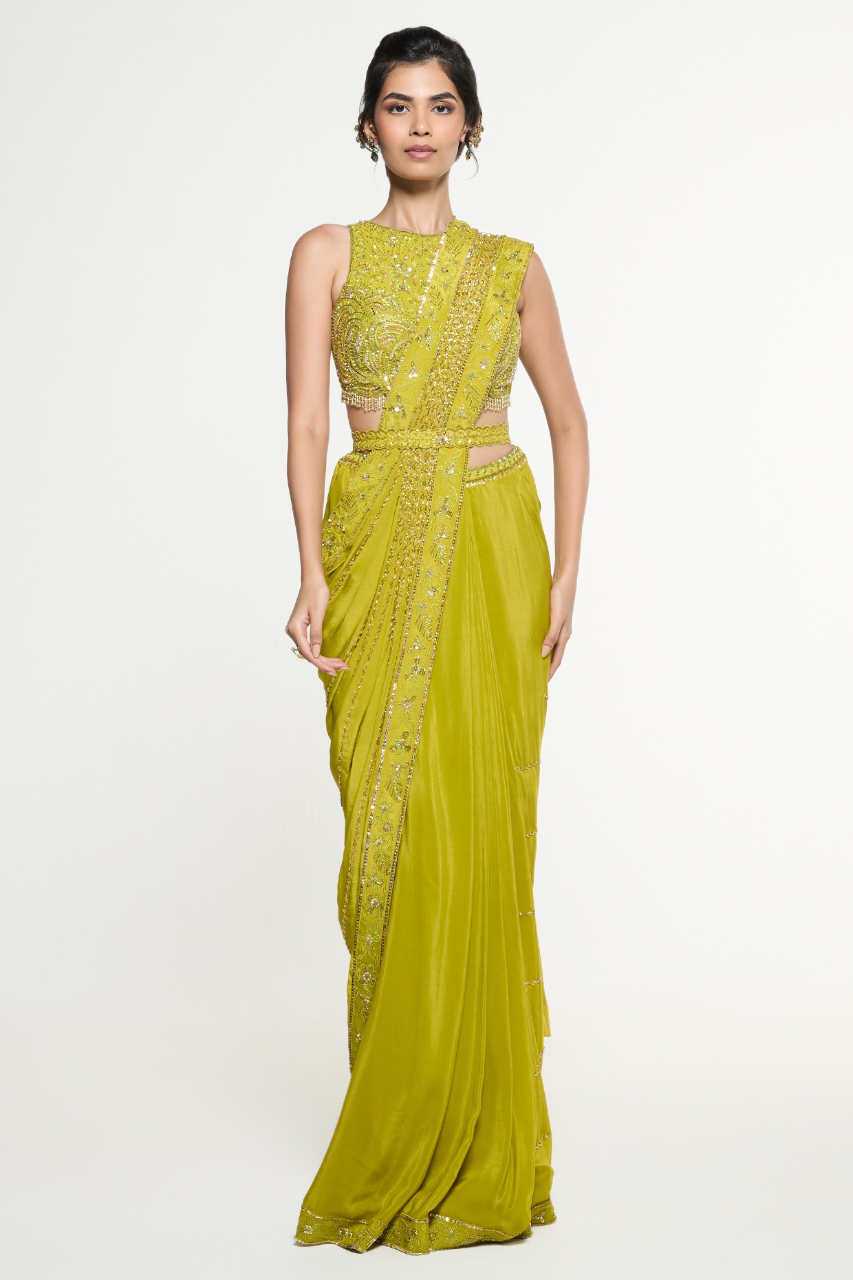 Mirroir Green Viscose Crepe Draped Saree Set