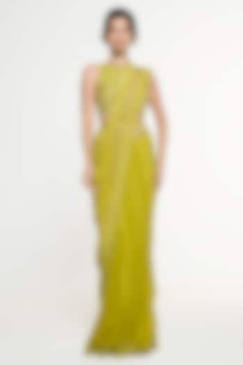 Green Viscose Crepe Draped Wedding Saree Set by Mirroir at Pernia's Pop Up Shop