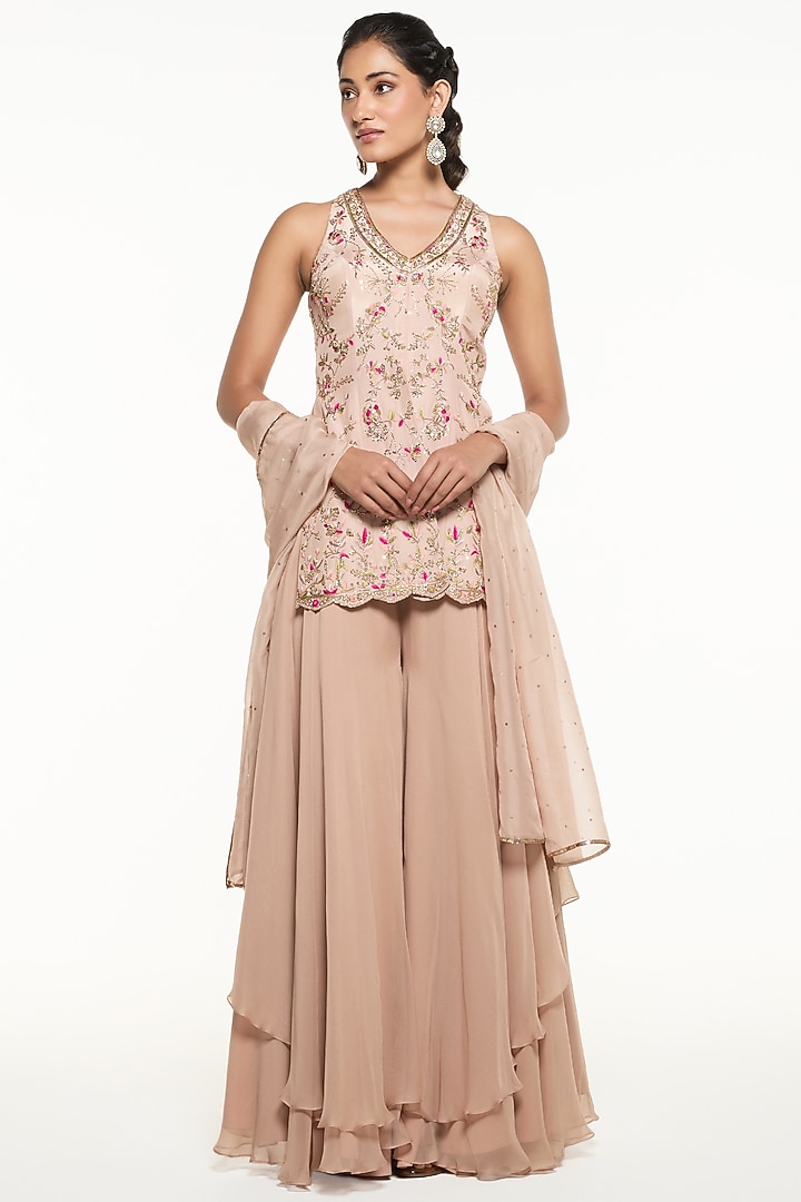 Peach Pink Viscose Crepe Wedding Sharara Set by Mirroir at Pernia's Pop Up Shop