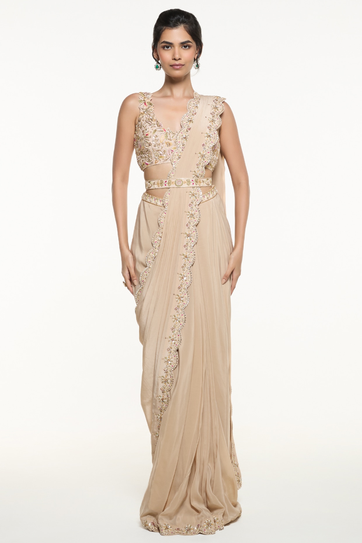 Mirroir Champagne Viscose Crepe Draped Saree Set