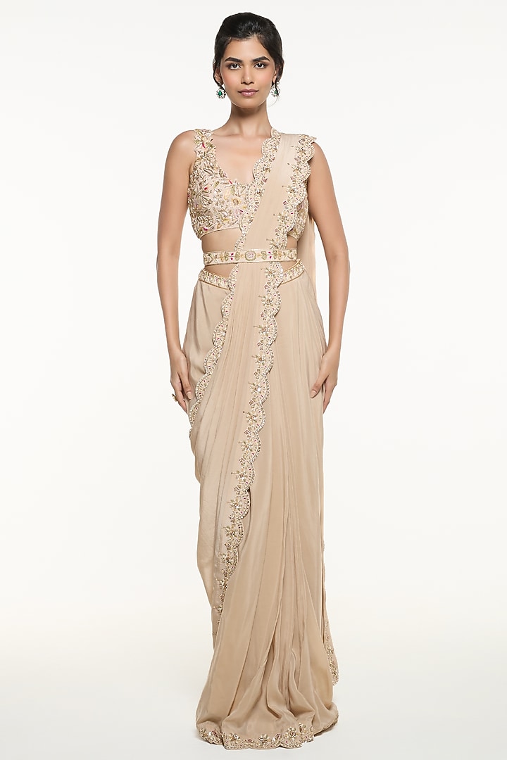 Champagne Viscose Crepe Draped Wedding Saree Set by Mirroir at Pernia's Pop Up Shop