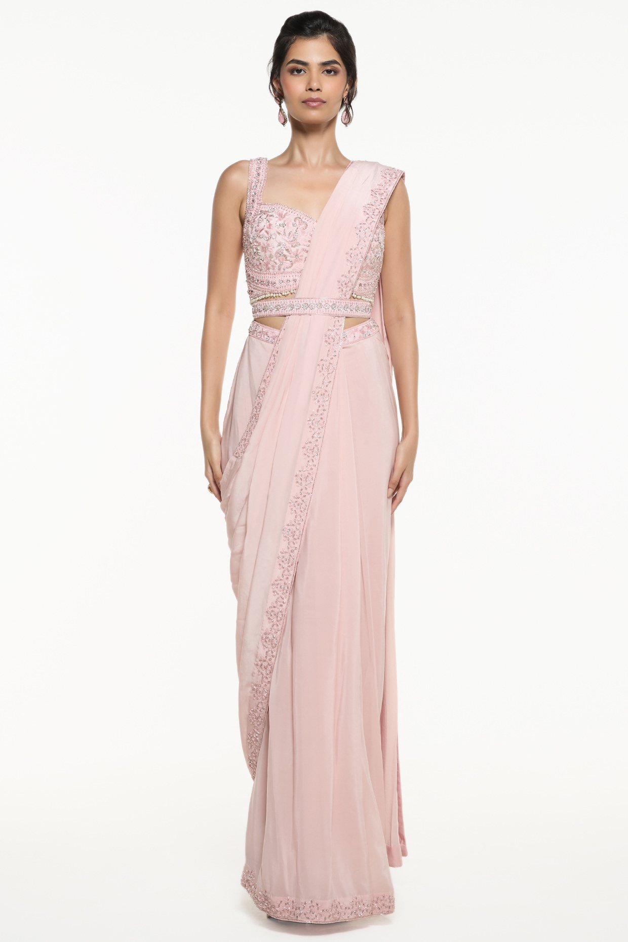Mirroir Baby Pink Viscose Crepe Draped Saree Set