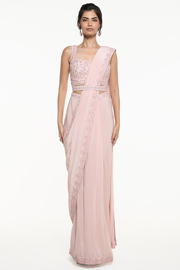 Baby Pink Viscose Crepe Draped Wedding Saree Set by Mirroir at Pernia's Pop Up Shop
