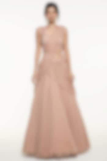 Peach Pink Georgette Wedding Lehenga Set by Mirroir at Pernia's Pop Up Shop