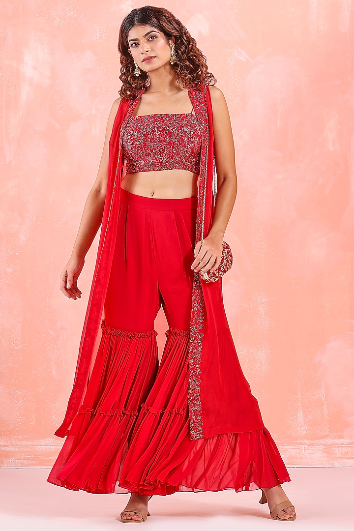 Red Net Embroidered Sharara Set by Mirroir