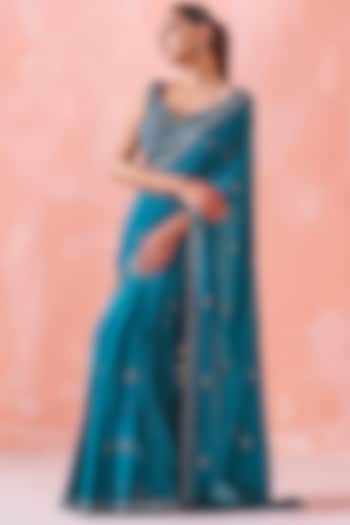 Teal Green Silk Organza & Viscose Georgette Sequins Embroidered Draped Saree Set by Mirroir