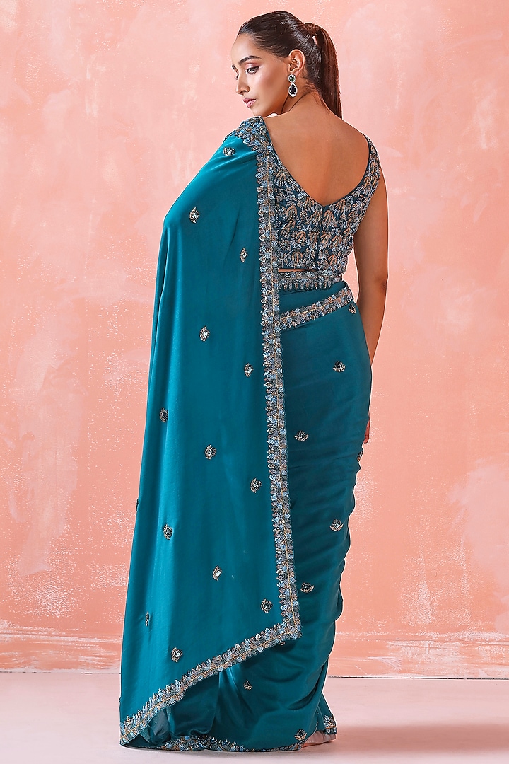 Teal Green Silk Organza & Viscose Georgette Sequins Embroidered Draped Wedding Saree Set by Mirroir at Pernia's Pop Up Shop