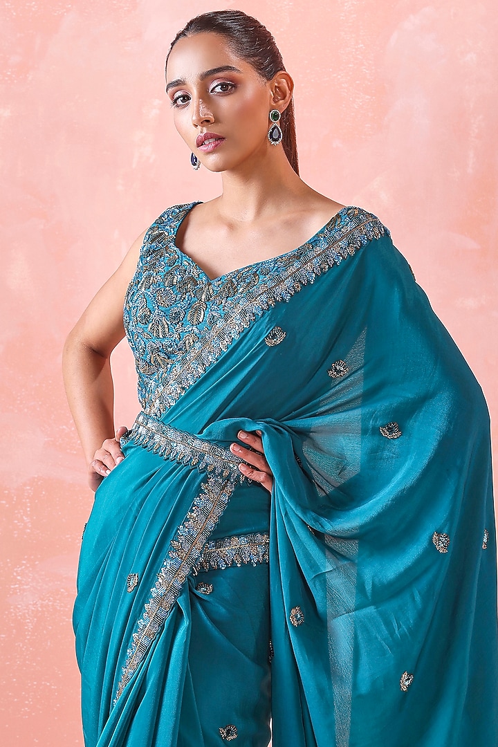 Teal Green Silk Organza & Viscose Georgette Sequins Embroidered Draped Wedding Saree Set by Mirroir at Pernia's Pop Up Shop