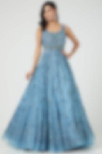 Steel Blue Embroidered Gown by Mirroir