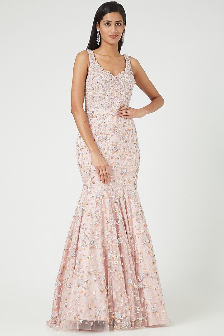 Peach Embroidered Gown by Mirroir