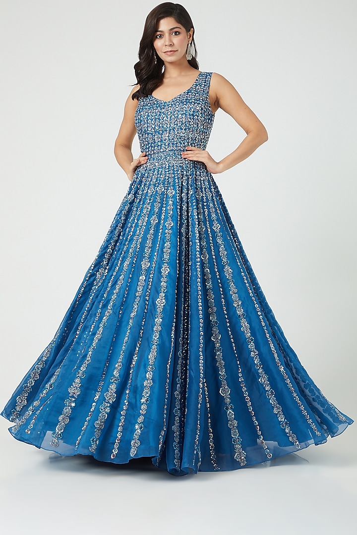 Cobalt Blue Embroidered Gown by Mirroir