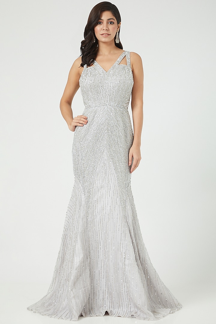 Silver Embroidered Gown by Mirroir
