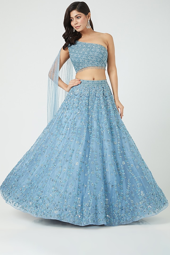 Pastel Blue Embroidered Wedding Lehenga Set by Mirroir at Pernia's Pop Up Shop