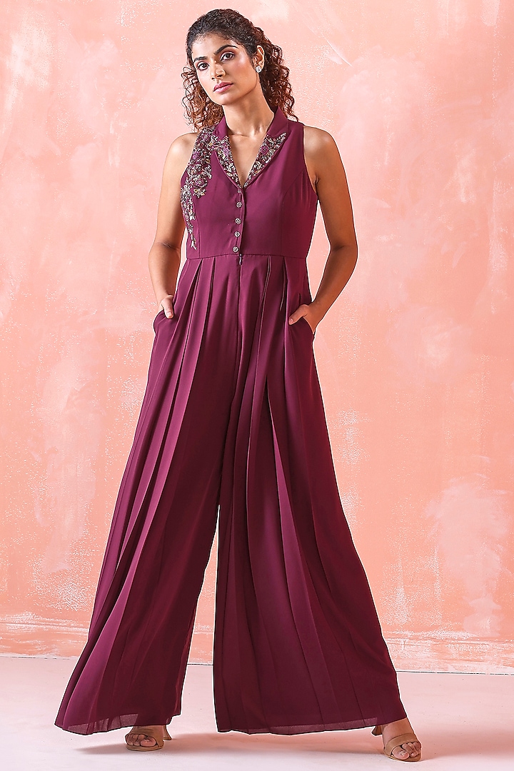 Wine Georgette Embroidered Jumpsuit by Mirroir