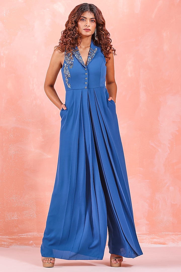 Cobalt Blue Embroidered Jumpsuit by Mirroir