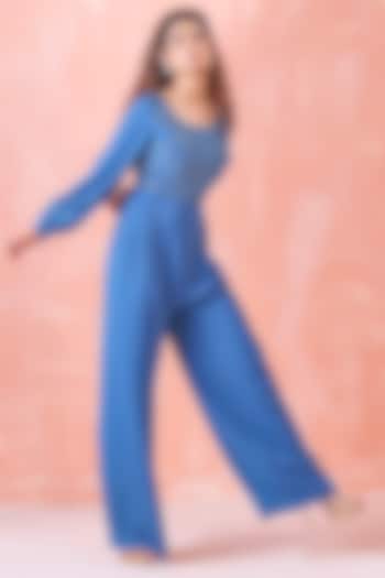 Cobalt Blue Georgette Embroidered Jumpsuit by Mirroir