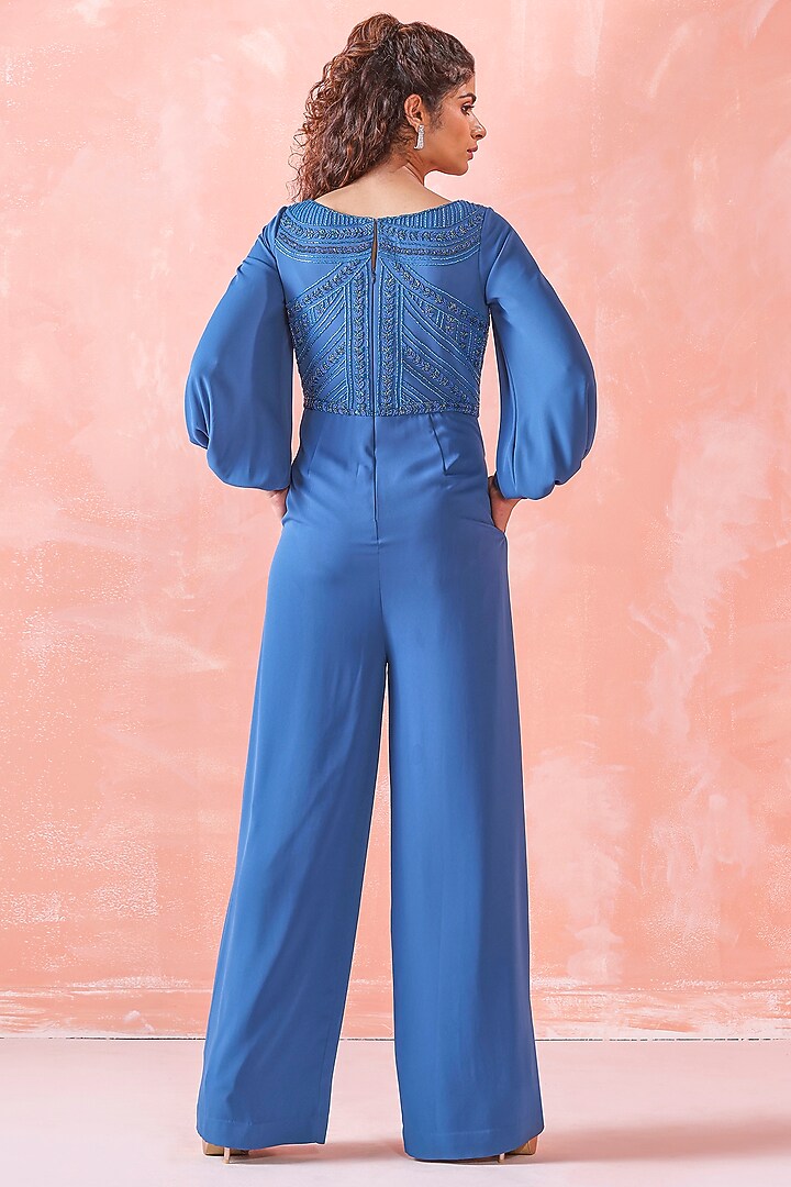 Cobalt Blue Georgette Embroidered Jumpsuit by Mirroir at Pernia's Pop Up Shop